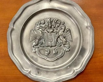 1950s Belgian Military Pewter Plate Coat of Arms "In Fide Constans" 9"