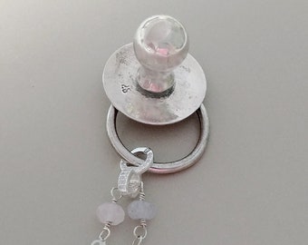 Vintage Sterling Silver Pacifier Pendant Necklace: Morganite Agate Chain
