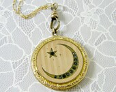 Antique Moon and Star Locket Necklace, Victorian Crescent, Gold Filled Locket, Linear Striped Locket, Celestial Locket, Signed RBM Atrice