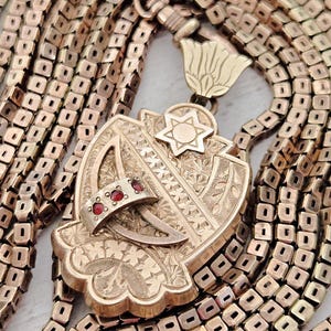 May include: Gold-toned pendant necklace with a shield-shaped pendant and a Star of David. The pendant has a ring with red gemstones. The necklace chain is made of small, square links.