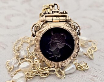 Antique Black Onyx Intaglio Locket Necklace: Gold Filled, Freshwater Pearl Chain