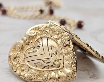 Vintage Heart Locket Necklace: Gold Filled Floral Design with Garnet Chain