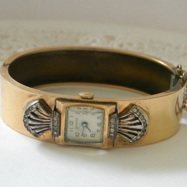 Antique Art Deco Seashell Watch, Gold Filled Watch, Bangle Watch, Swiss, Winton, 12k Gold Fill, Manual, Working, Runs, Bracelet Watch
