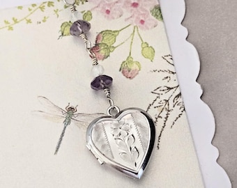 Vintage Sterling Silver Heart Locket Necklace: Amethyst Moonstone Chain