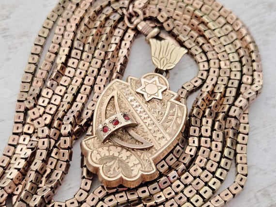 Antique Victorian Locket Necklace, Rose Gold Filled, Garnet Moon Star