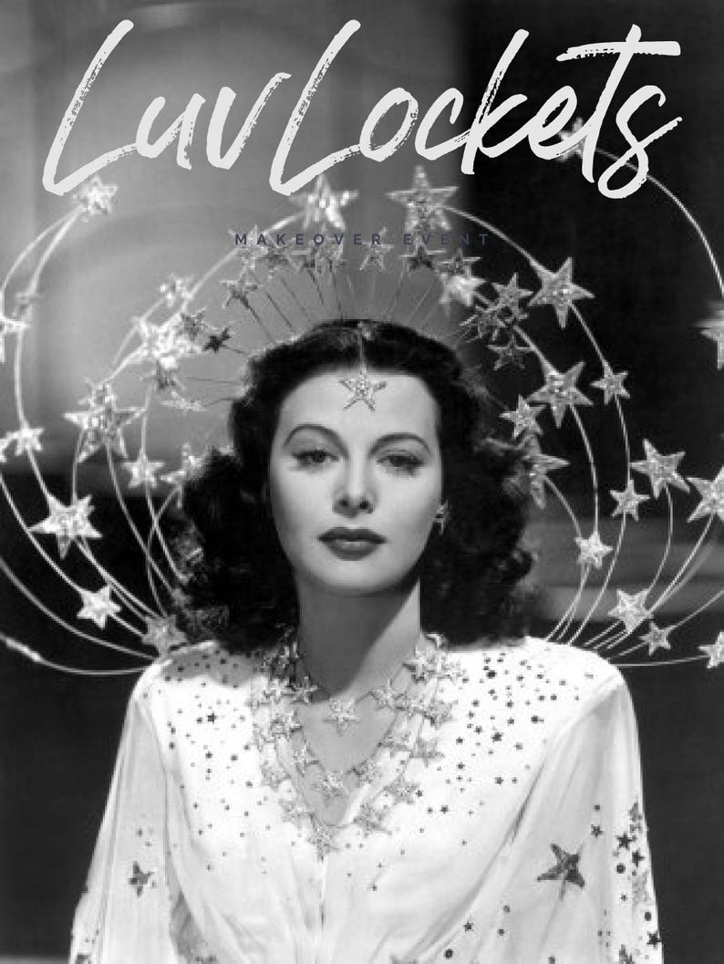 May include: Black and white image of a woman wearing a star-shaped headpiece, necklace, and earrings. The white dress is adorned with star-shaped embellishments. The text "Luv Lockets" is at the top of the image.