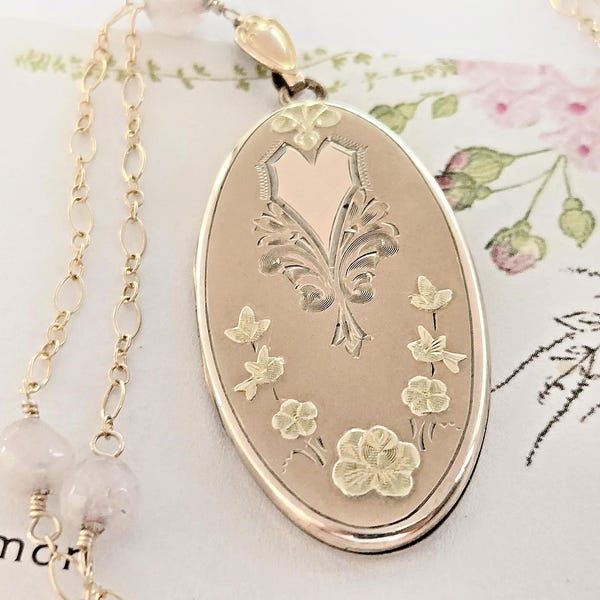 Edwardian Floral Etched Locket Necklace, Gold Filled Agate Chain