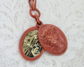 Antique Red Celluloid Cameo Locket Necklace, Sliding Locket on Original Chain with Ladies Profile