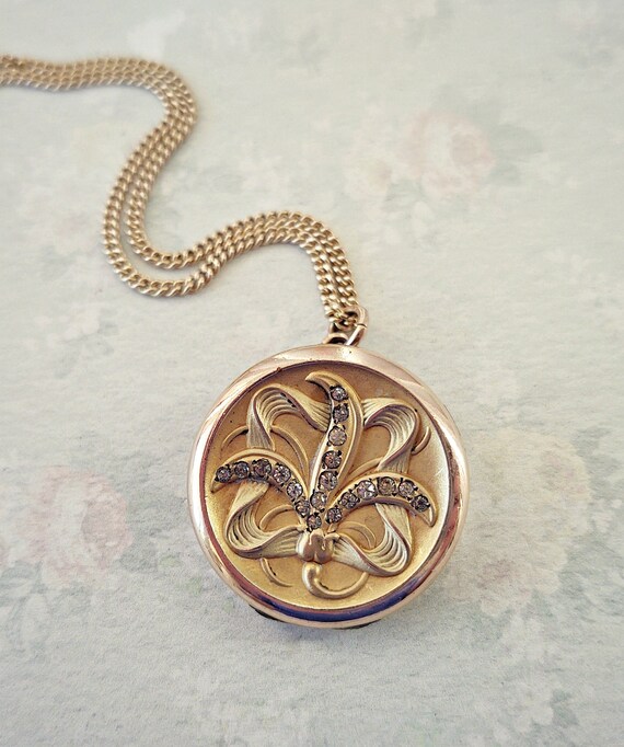 Antique Art Nouveau Locket Necklace, Rhinestone Lo