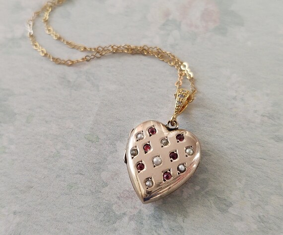 Antique Victorian Ruby and Pearl Heart Locket Neck