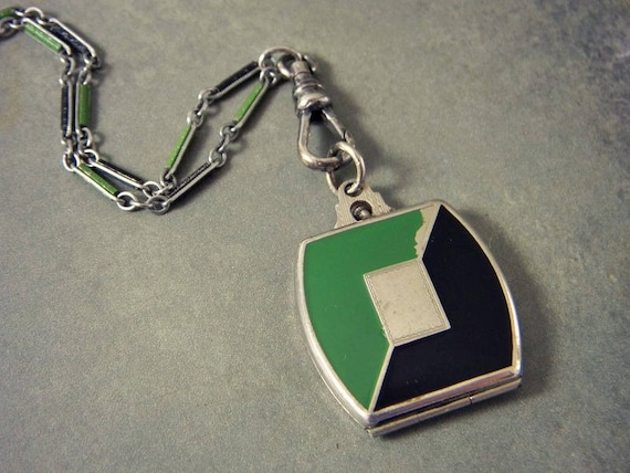 Antique Art Deco Enamel Locket Necklace, Enamel Wa