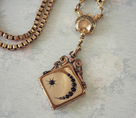 Antique W&H Co Moon and Star Locket Necklace, Art