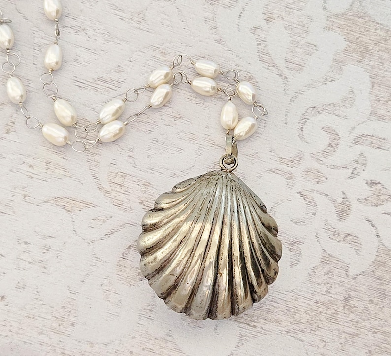 Antique Scalloped Seashell Rattle Necklace: EPNS, Freshwater Pearl ...