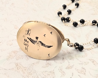 Large Gold Filled Bird Locket on Handmade Black Onyx Chain