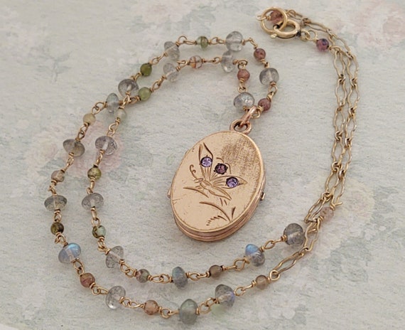 Antique Victorian Butterfly Locket Necklace, Gold