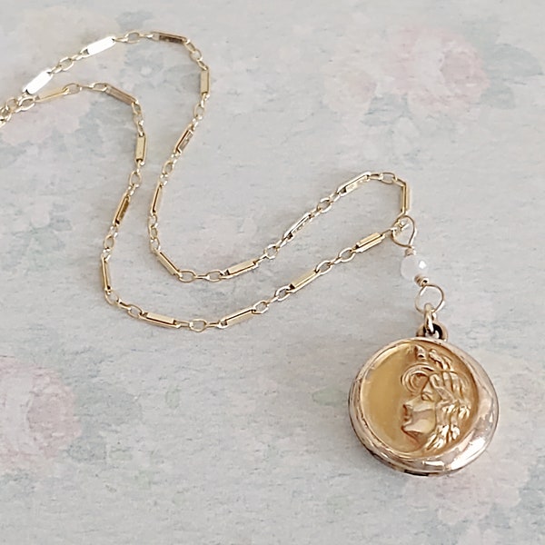 Antique Art Nouveau Moon Lady Locket Necklace, Gold Filled Locket, Round Locket, Tiny Locket, Crescent Moon Locket, Celestial, Signed CQ&R