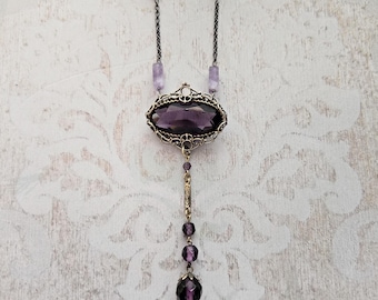 Victorian Amethyst Glass Pendant Necklace, Handmade Sterling Silver Chain