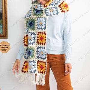 Crochet Pattern Cream Based Afghan Style Scarf, Retro Colorful Granny Square Scarf, Long Non Itchy Cotton Scarf, Cozy Wrap, Gift for Her
