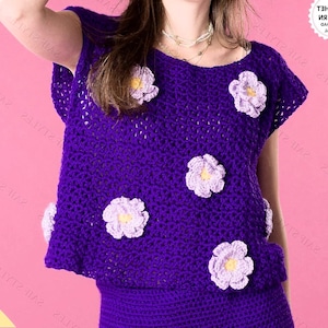 Bloom Crochet Top Pattern for Women Crochet Flower Motif Tank Top PDF Floral Crochet Shirt Cotton Summer Crop Top Sizes XS to 5XL
