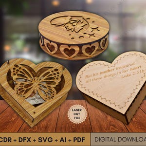Pacote de 3 Caixas de joias em formato de coração de madeira cortadas a laser Modelo de vetor de história de amor para casamento Download digital
