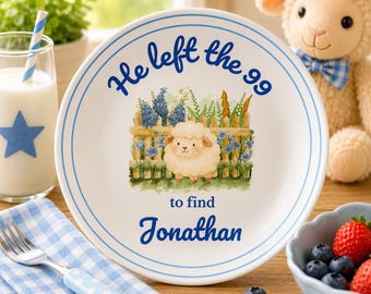 Personalized Christian Kids Plate | He Left the 99 | Blue Lamb Scripture Plate | Faith Gift for Boys |  Birthday | Baptism | Communion