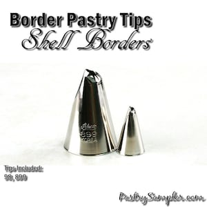May include: Two silver pastry tips for creating shell borders. The larger tip is labeled "Ateco 899 Korea". Tips included: 98, 899.