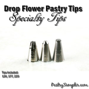May include: Three silver metal pastry tips for decorating cakes and cupcakes. The tips are labeled with the numbers 136, 177, and 220. Tips Included: 136, 177, 220