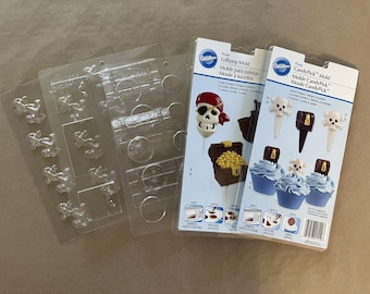 Pack of Chocolate Molds - Pirate Theme - Pirate Ship, Treasure Chest, Chocolate Coins Doubloons, Anchor, Skull, Skull-in-Crossbones - Lot H