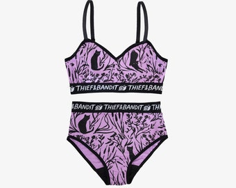 Cattails Bralette und Unterwäsche Set - Süßer Katzen Print - Größe inklusive Dessous - Florale Dessous - Valentinstag Geschenk - Geschenk für Sie