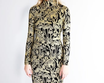 Gold on Black Shroomed Bandit Dress - Knee length turtleneck dress - Organic cotton bamboo - Plus size - Bodycon mushroom botanical print