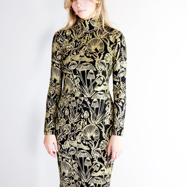 Gold on Black Shroomed Bandit Dress - Knee length turtleneck dress - Organic cotton bamboo - Plus size - Bodycon mushroom botanical print