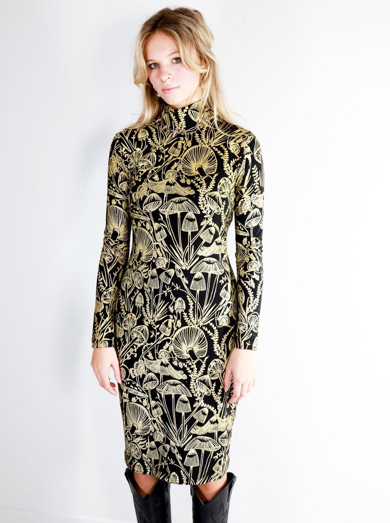 Gold on Black Shroomed Bandit Dress Knee length turtleneck dress Organic cotton bamboo Plus size Bodycon mushroom botanical print image 1