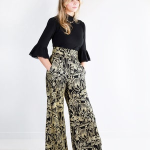 Gold on Black Shroomed High Waisted Wide Leg Pants Gold on black handmade pocket pants Organic cotton bamboo Plus size Custom fit image 4