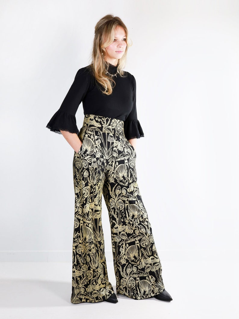 Gold on Black Shroomed High Waisted Wide Leg Pants Gold on black handmade pocket pants Organic cotton bamboo Plus size Custom fit image 4