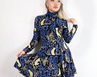Cattails Turtleneck Twirl Dress - Cat print dress - Organic cotton bamboo - Plus size inclusive dress - Custom fit witchy print dress