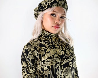 Gold on Black Shroomed French Terry Beret - Black floral hat - Organic cotton bamboo - Unisex hand printed gift - Custom fit winter hat