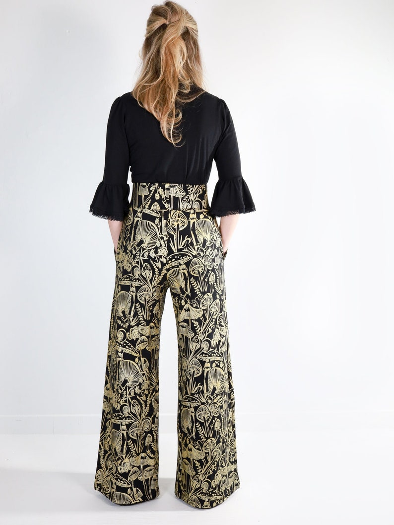 Gold on Black Shroomed High Waisted Wide Leg Pants Gold on black handmade pocket pants Organic cotton bamboo Plus size Custom fit image 5