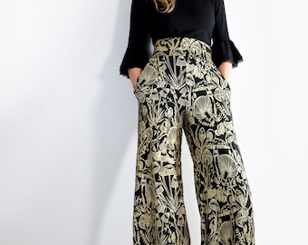 Gold on Black Shroomed High Waisted Wide Leg Pants - Gold on black handmade pocket pants - Organic cotton bamboo - Plus size - Custom fit