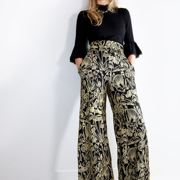 Gold on Black Shroomed High Waisted Wide Leg Pants - Gold on black handmade pocket pants - Organic cotton bamboo - Plus size - Custom fit