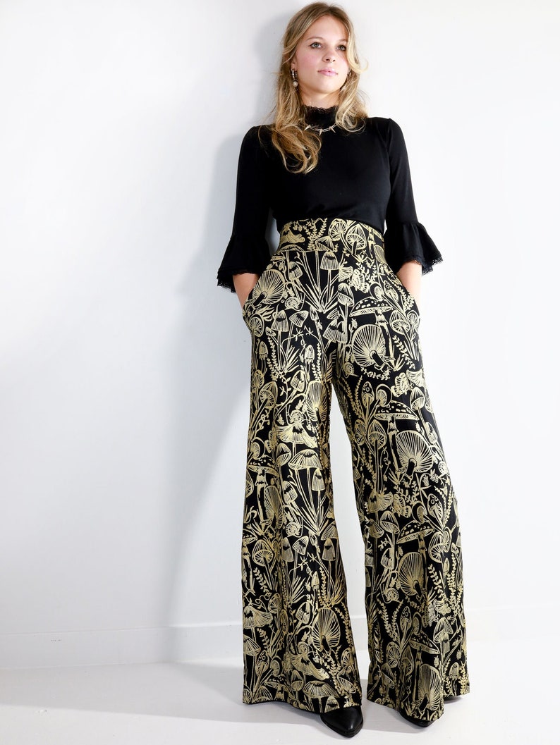 Gold on Black Shroomed High Waisted Wide Leg Pants Gold on black handmade pocket pants Organic cotton bamboo Plus size Custom fit image 1