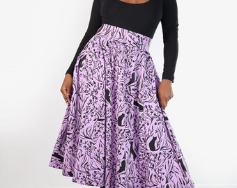 Cattails Petra Skirt - Cat print long twirl skirt - Organic cotton bamboo - Size inclusive, Floral print, Cute Cat Print