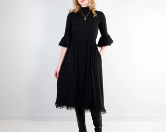 Black Kiki Dress - Solid lace trim midi length dress - Organic cotton bamboo - Plus size inclusive dress - Custom fit witchy tea dress