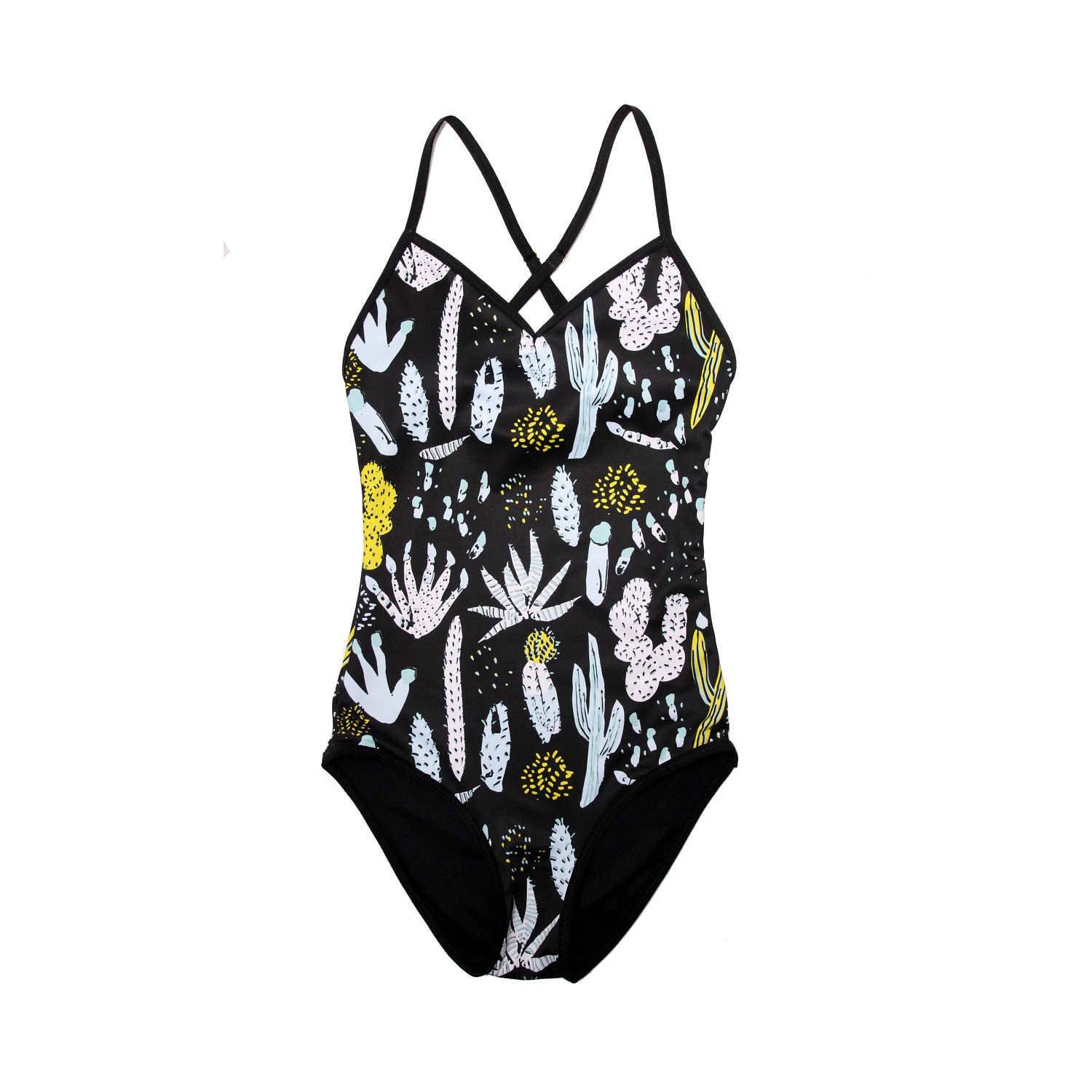 Black Cactus Floral One Piece Swimsuit Floral Swimsuit One Etsy