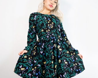 Dusk Belladonna Mini Stevie Dress - Black floral twirl dress - Organic cotton bamboo - Plus size inclusive dress - Custom fit bell sleeve