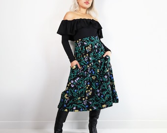 Dusk Belladonna Chelsea Midi Skirt - Black floral calf length skirt - Organic cotton bamboo - Plus size - Custom fit witchy botanical skirt