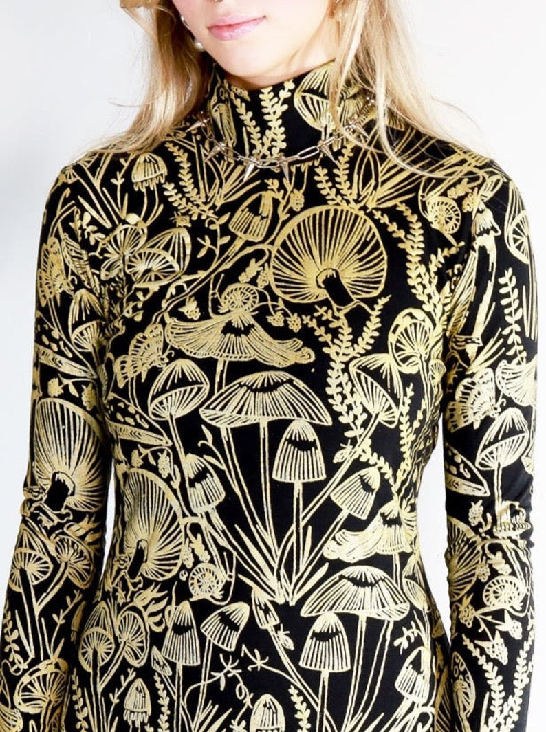 Gold on Black Shroomed Bandit Dress Knee length turtleneck dress Organic cotton bamboo Plus size Bodycon mushroom botanical print image 2