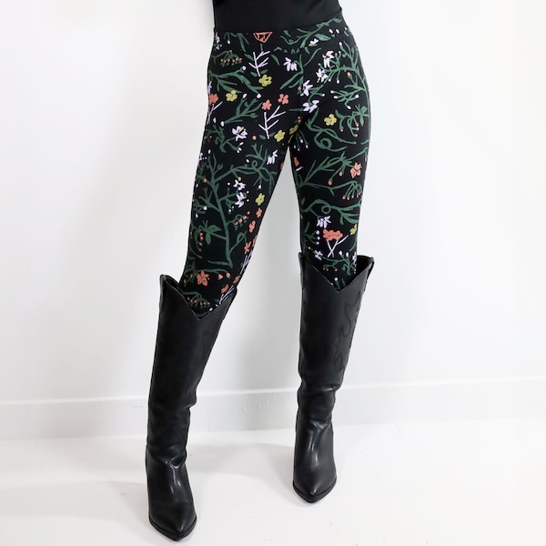 Dawn Belladonna Leggings - Organic cotton bamboo leggings - Hand printed plus size inclusive - Custom fit floral botanical print