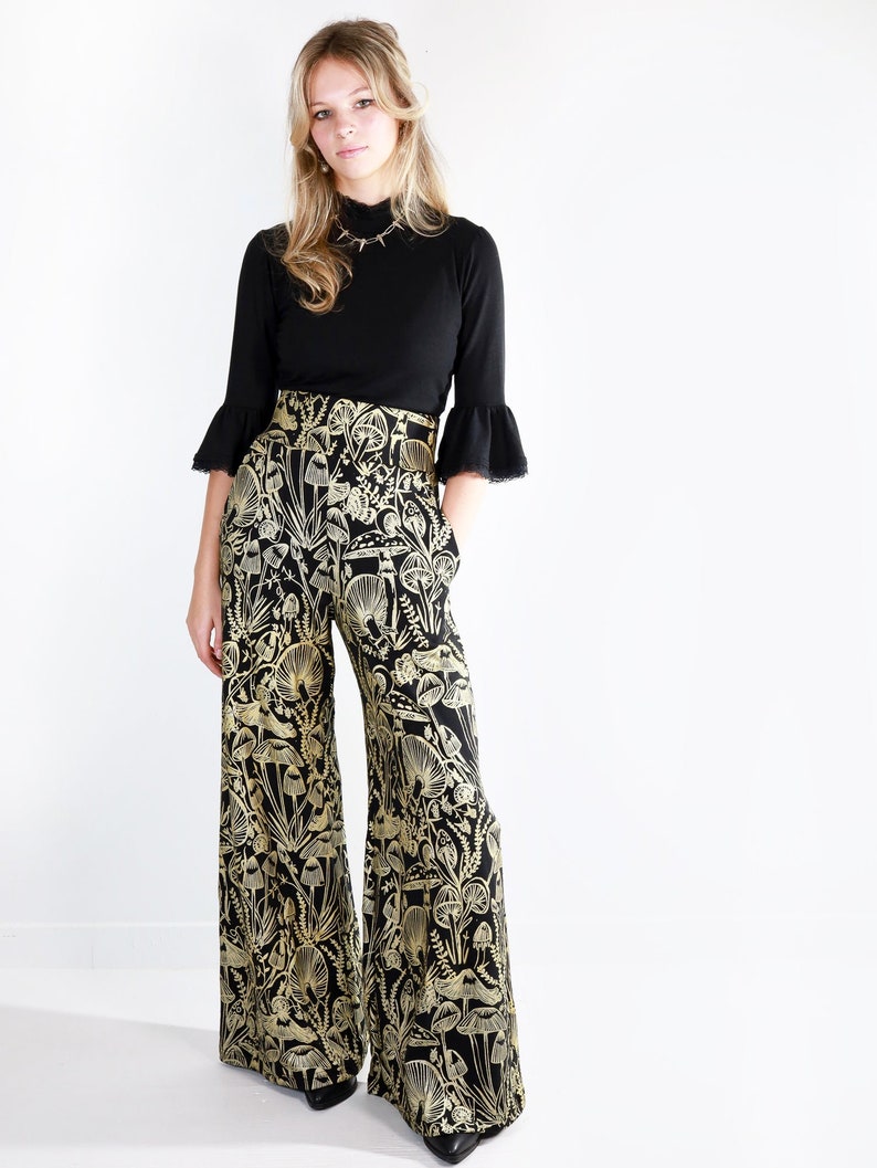 Gold on Black Shroomed High Waisted Wide Leg Pants Gold on black handmade pocket pants Organic cotton bamboo Plus size Custom fit image 3