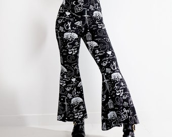 Spellbound Bellbottoms - Organic cotton bamboo flared pants - Hand printed plus size - Custom fit - Astrology stars witchy tarot print