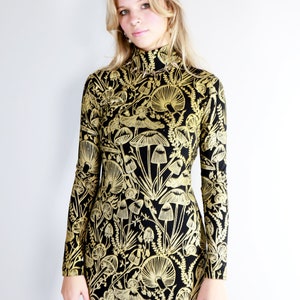 Gold on Black Shroomed Bandit Dress Knee length turtleneck dress Organic cotton bamboo Plus size Bodycon mushroom botanical print image 4